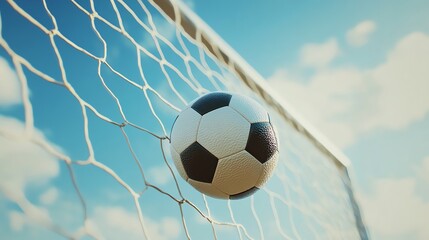A soccer ball in a net.