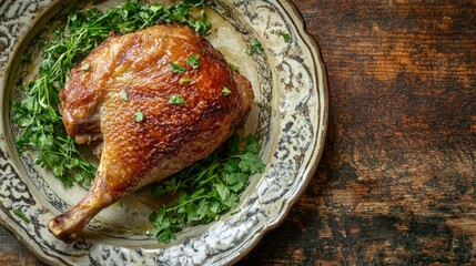 A crispy duck confit leg on a rustic plate, set on the lower left with fresh herbs, leaving the right side open for copy, perfect for recipe announcements or ads.