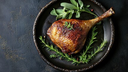 A crispy duck confit leg on a rustic plate, set on the lower left with fresh herbs, leaving the right side open for copy, perfect for recipe announcements or ads.
