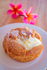 Delicious choux cream at restaurant.
