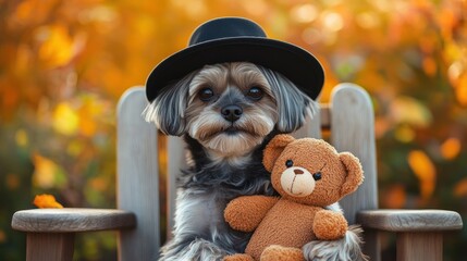Small dog in black hat with teddy amidst autumn hues