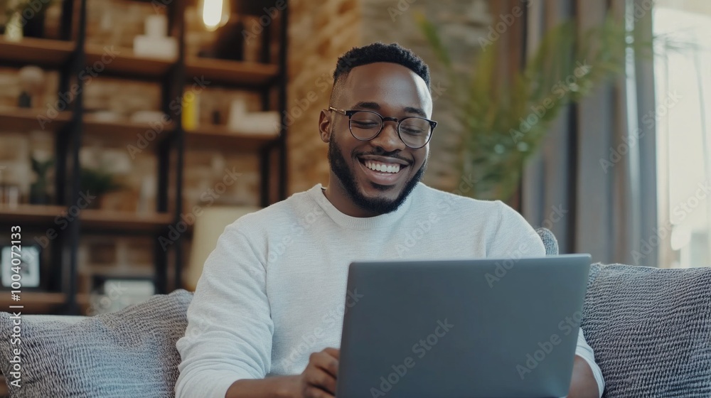 Aufkleber A man is sitting on a couch and smiling while using a laptop