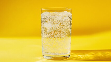 A glass of sparkling water on a yellow background.