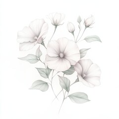 A delicate illustration of soft pink flowers and leaves on a white background.