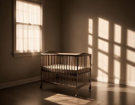 A black and white image of an empty baby crib in a dimly lit room, with sunlight streaming through a window and casting shadows on the floor