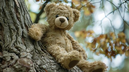 old rag teddy bear sitting on a tree