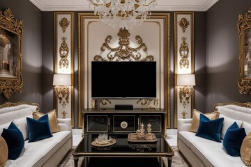 Elegant Living Room TV Arrangement on Decorative Wall Featuring Rich Design Elements