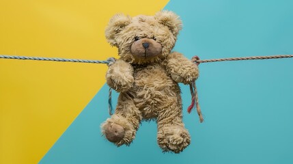 Old teddy bear drying on a string isolated on colorful background