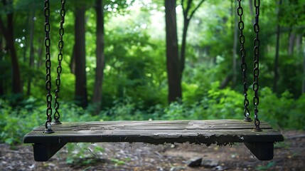 Naklejka premium Old wooden swing outdoor with dusty and old iron chain among green trees in the park