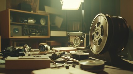Vintage audio equipment and film reel on a desk illuminated by warm light.