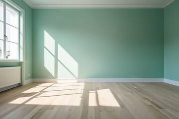 Soothing Indoor Atmosphere with Cool Mint Walls Light Hardwood Flooring and Sunlit Shadows