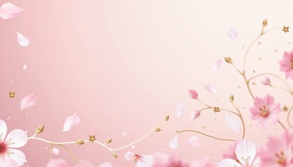 Fototapeta premium Cherry Blossom Petals and Gold Twigs on Pink Background