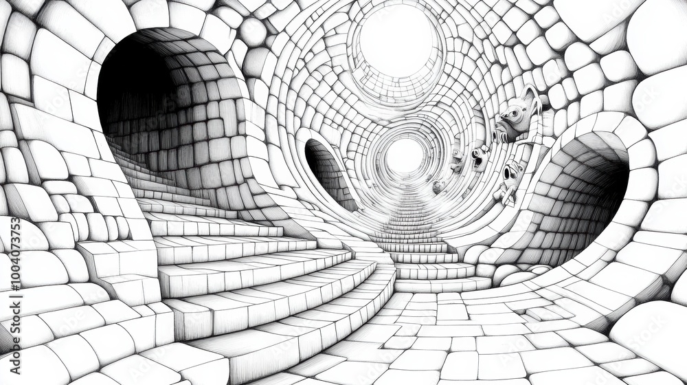 Canvas Prints A drawing of a tunnel with stairs and bricks, AI