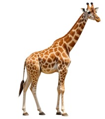 Obraz premium A tall, adult giraffe with a long neck and spotted fur standing against a plain white background