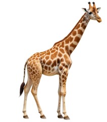 Fototapeta premium A tall, adult giraffe with a long neck and spotted fur standing against a plain white background