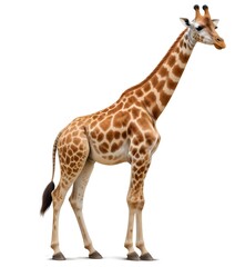 Fototapeta premium A tall, adult giraffe with a long neck and spotted fur standing against a plain white background