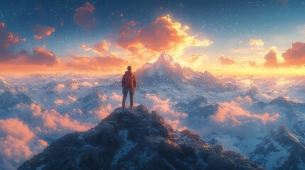 an inspiring illustration of a mountain climber celebrating their success at the summit embodying the achievement of dreams against a backdrop of majestic peaks and clear skies