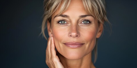 Elegant middle-aged woman softly touching her neck, emphasizing the smooth texture of her skin, with a calm and confident look in a softly lit setting