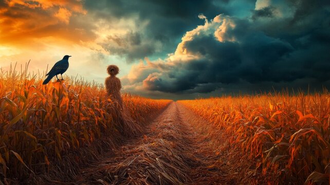 A solitary crow perched on a stalk in a cornfield with a dark sky and a scarecrow figure