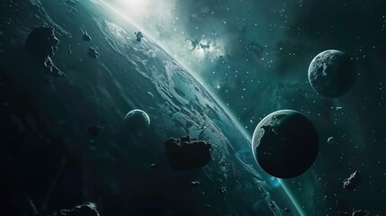 Naklejka premium A display of various celestial bodies in a galaxy, Nebula and galaxies in space. Abstract cosmos background