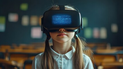 Young child wearing VR headset in futuristic classroom setting, utilizing immersive technology for interactive learning, digital education, and virtual reality innovation in modern school