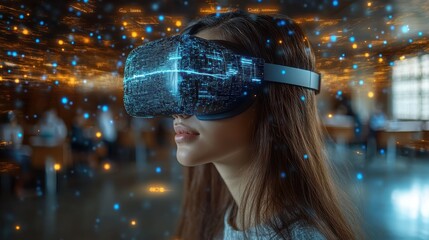 Female student with virtual reality headset in classroom, experiencing futuristic digital technology for immersive education, modern innovation in learning, and interactive simulation environments.