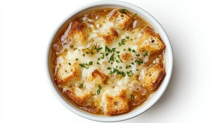 A mouthwatering view of French onion soup from above, featuring a rich cheese layer and crispy croutons, set against a pristine white background for clarity.