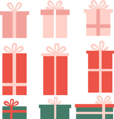 set of New Year flat icons with gifts in different colors on a white background