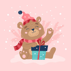 Cute bear, character wearing hat and scarf holding present. Christmas card. Vector illustration