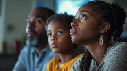 A minority family sitting together, watching a news report about justice reform and crimes against their community, a mixture of hope and concern in their expressions. Ai generated