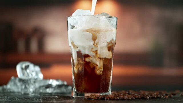 Super Slow Motion Shot of Pouring Milk into Ice Coffee , Filmed on High Speed Cinematic Camera