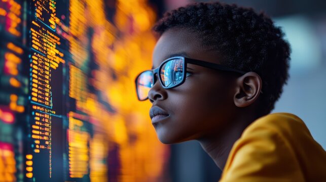 Focused young girl coding in a futuristic high-tech environment with glowing digital data. Technology innovation, programming, and artificial intelligence in modern science research.