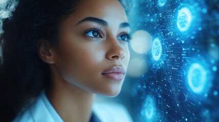 Woman analyzing glowing digital data on futuristic technology screens. Artificial intelligence, modern research, innovation, and advanced data science in high-tech development for medical