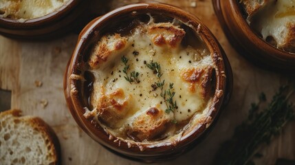 A rustic presentation of French onion soup from a top perspective, showcasing crispy cheese croutons and fresh thyme, ideal for food photography and culinary blogs.