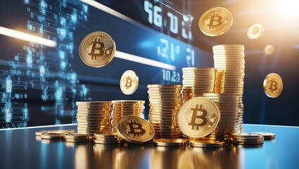 featuring stacks of gold bars and digital coins floating in the air.