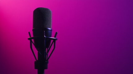 A black microphone in front of a purple background.