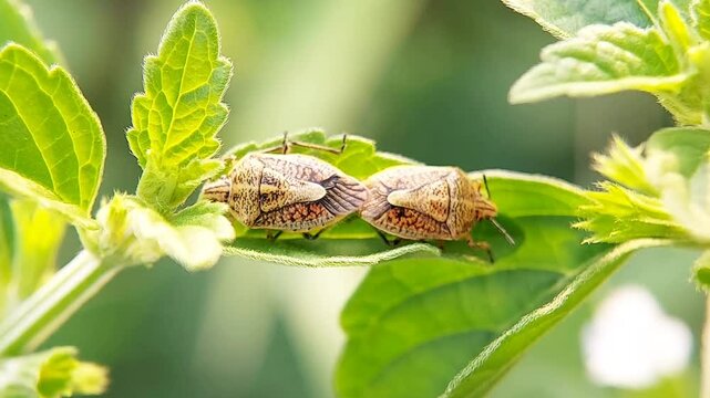 Mating of Oebalus pugnax bed bugs or pentatomidae shield bugs. Macro video of insects in nature.