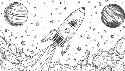 Hand-drawn illustration of a rocket ship taking off into space with planets and stars.