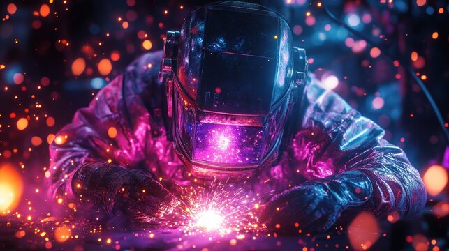 A welder in a colorful universe welding metal object