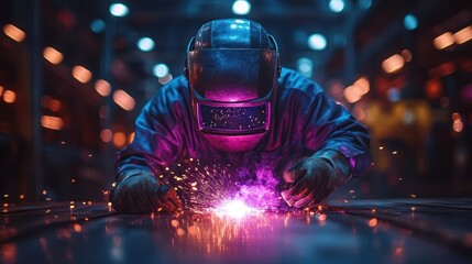 Industrial welder creates sparks in vibrant factory setting.