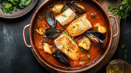 A stunning top view of traditional French bouillabaisse, featuring tender cod fish and plump mussels simmered in a rich red wine tomato sauce, elegantly presented in a rustic copper casserole.