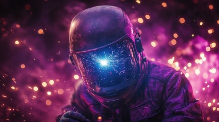 Welder helmet reflecting blue and pink bright sparks vividly.