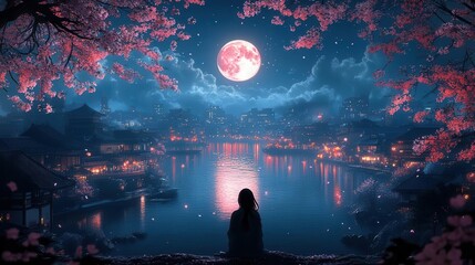 Obraz premium anime girl gazing at a serene moonlit lake in a japanese city surrounded by cherry blossoms her expression filled with wonder and tranquility captured in a dreamy art style