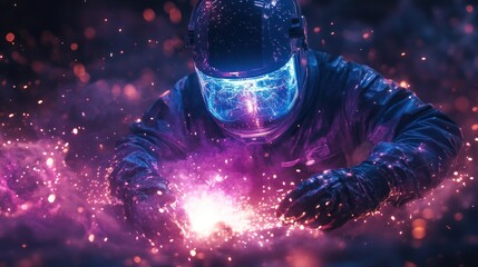 Welder in action with intense sparks flying around