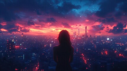 Fototapeta premium anime girl gazing wistfully at a glittering city skyline under a night sky evoking a mix of emotions in a stylized manga aesthetic