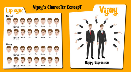 A happy man cartoon vector with hand gesture. Cartoon man lip sync set for animation. Man face expression illustration, clipart, graphic