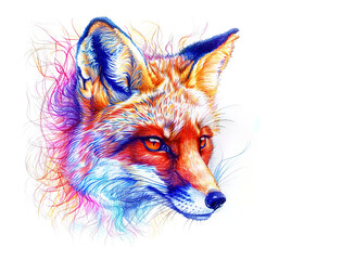 Obraz premium Vibrant, detailed fox portrait in colorful pencil strokes. Captures the sharp gaze and natural beauty of the fox, ideal for wildlife or artistic designs. Animals painting.