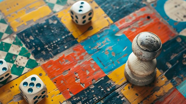 Parcheesi board game detail with dice and game piece