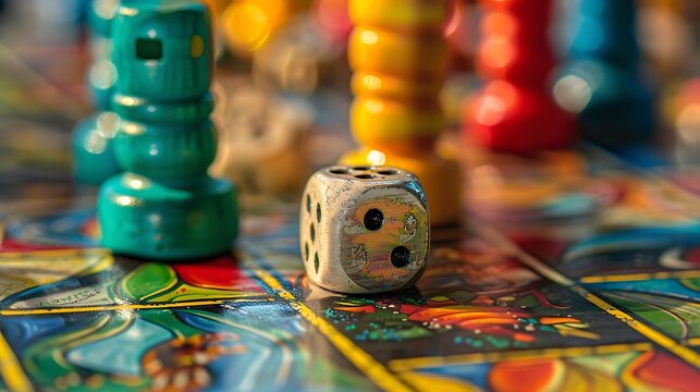 Parcheesi board game detail with dice and game piece