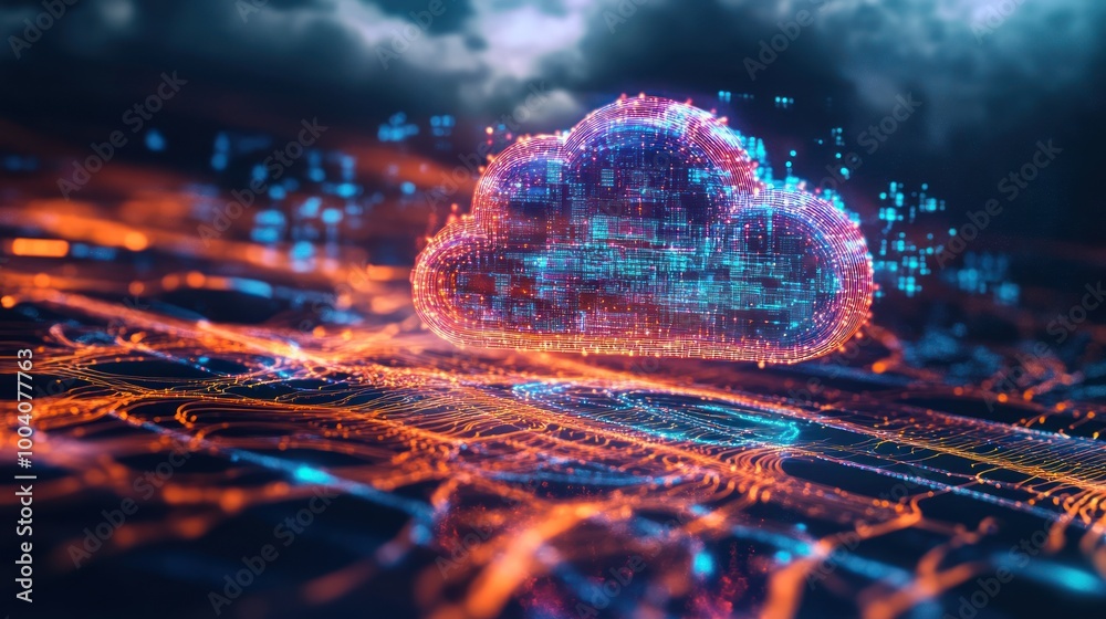 Poster digital cloud representation with vibrant data streams and circuitry background.